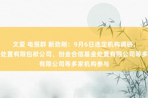 文爱 电报群 新劲刚：9月6日选定机构调研，建信待业金处置有限包袱公司、创金合信基金处置有限公司等多家机构参与